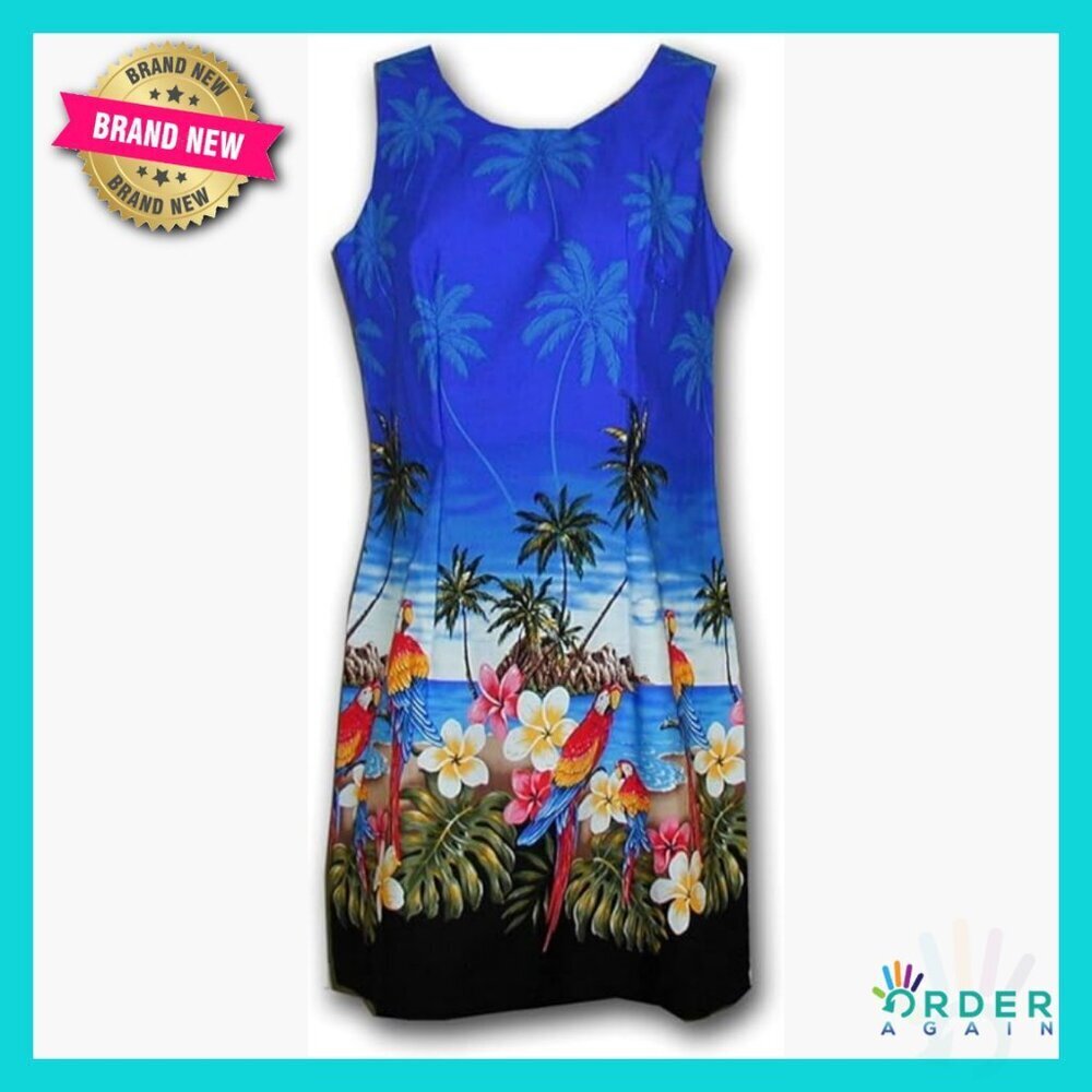 Parrot Print Hawaiian Tank Dress Zipper Back Tropical Resort Wear